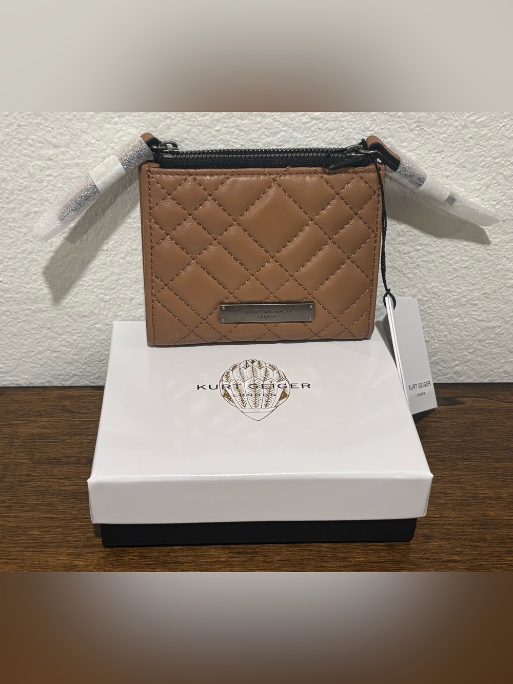 Kurt Geiger Quilted Tan Leather Zip Card Pouch